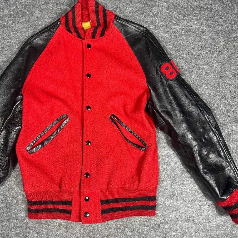 Rare Vintage 80s Kaye Bros Varsity Jacket Red Wool Leather Mens 36 Sikeston - Picture 11 of 16